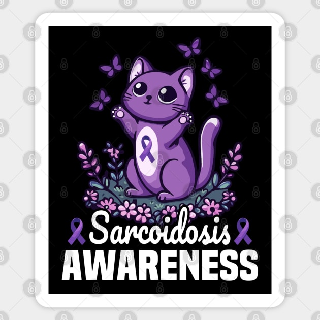 Cat And Butterflies Sarcoidosis Awareness Month Purple Ribbon Sticker by MoDesigns22 